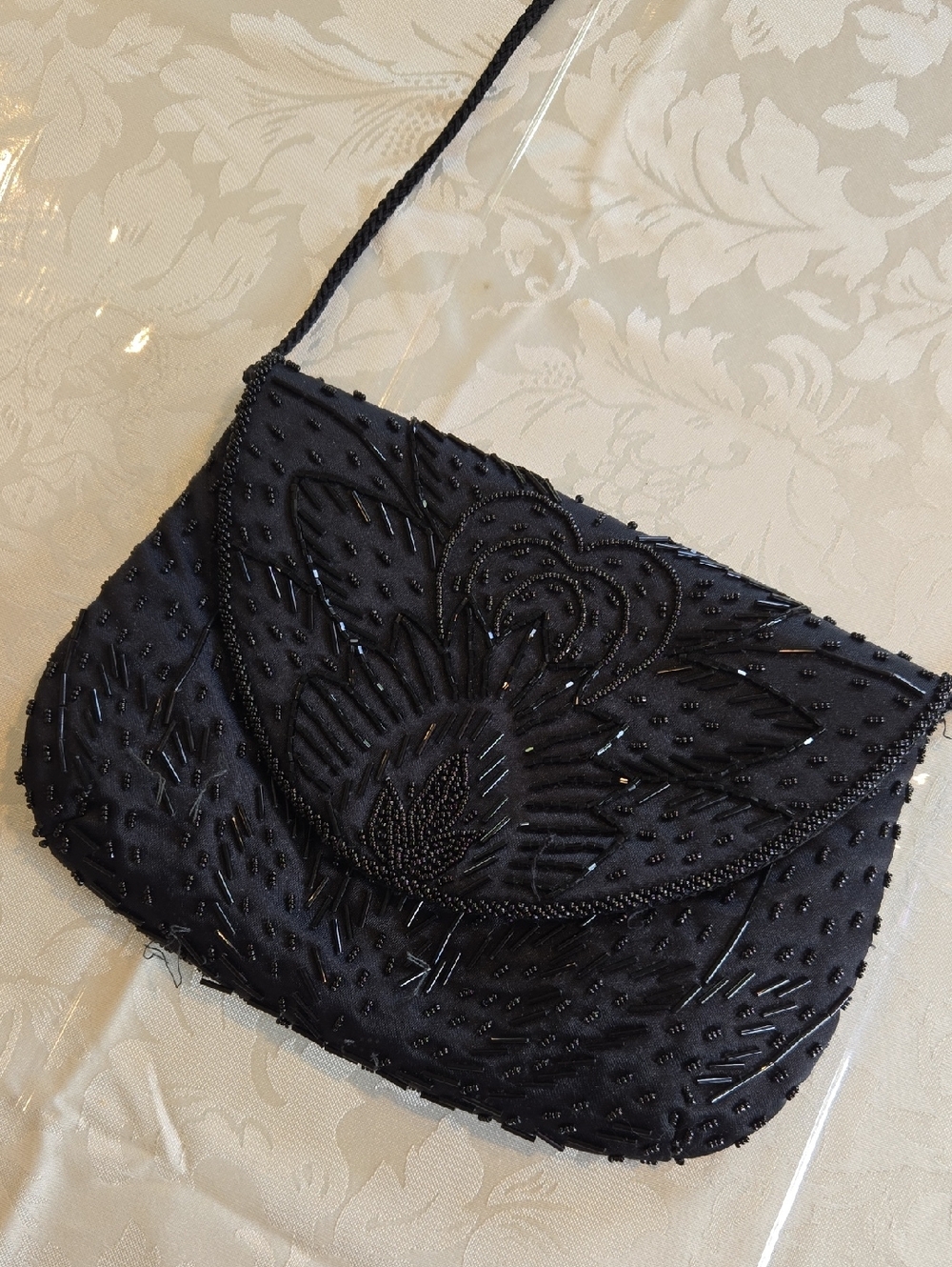 Black Beaded Floral Evening Shoulder, Crossbody Or Clutch Vintage
